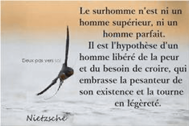 Le surhomme n'est ni un homme supérieur, ni un homme parfait. Il est l'hypothèse d'un homme libéré de la peur et du besoin de croire, qui embrasse la pesanteur de son existence et la tourne en légèreté. Nietzsche